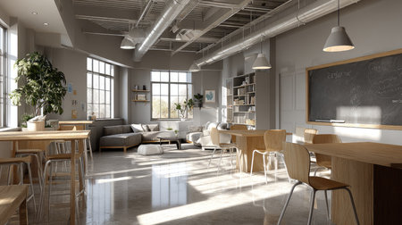 This modern workspace features abundant natural light, contemporary furniture, and cozy decor, creating an inviting atmosphere for creativity and collaboration.の素材