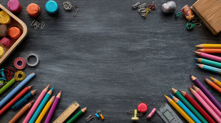 This image features an array of colorful art supplies arranged neatly on a dark background. Perfect for creative projects, educational resources, or office organization, showcasing vibrant stationery tools for all ages.の素材