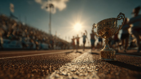 A shining trophy stands prominently on the track during a dynamic outdoor sports event, capturing the essence of victory and celebration against a vibrant sunset backdrop.の素材