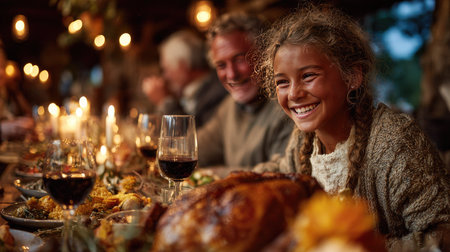 A joyful family gathering around a beautifully set dinner table, featuring a smiling child and delicious meals, creating a warm and inviting atmosphere.の素材