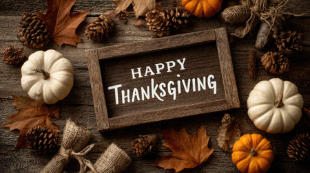 This image beautifully captures the essence of Thanksgiving with elegant pumpkins, autumn leaves, and rustic elements. Perfect for festive decor and seasonal celebrations.の素材