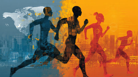 This dynamic illustration features diverse runners in silhouette, symbolizing health and fitness amid a vibrant cityscape background, evoking energy and movement.の素材