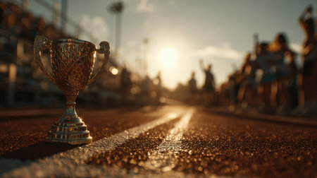 A stunning golden trophy rests on a track, capturing the essence of victory against a beautiful sunset. Spectators cheer in the background, celebrating success.の素材