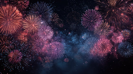 A stunning array of vibrant fireworks burst through the dark night sky, creating a mesmerizing spectacle of colors and light. Ideal for celebrating special occasions!の素材
