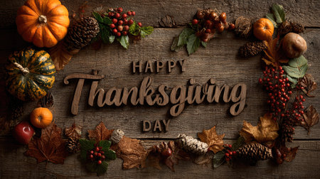 Celebrate the joy of Thanksgiving with this stunning seasonal arrangement featuring pumpkins, leaves, and rustic wooden elements, perfect for festive decor.の素材