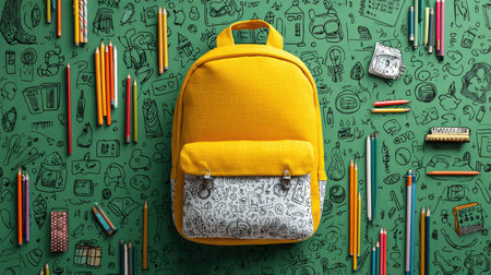 A bright yellow backpack sits prominently surrounded by colorful pencils and playful doodles on a vibrant green background, symbolizing creativity and learning.の素材