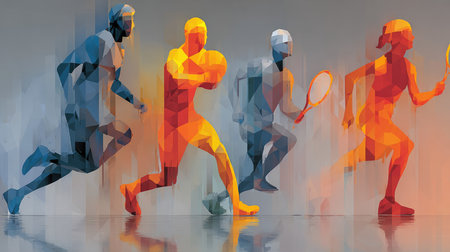 Explore the vibrancy of athletic movement, depicted through dynamic geometric shapes and colors, representing various sports in an abstract style.の素材