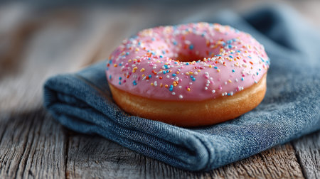 A visually appealing pink frosted donut adorned with vibrant sprinkles rests on a soft denim cloth, capturing the essence of delightful desserts. Perfect for food photography or bakery-related projects, this image evokes a sense of indulgence and enjoyment.の素材
