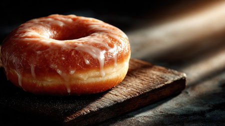 A freshly baked glazed doughnut rests on a rustic wooden board, illuminated by soft light that highlights its texture and sweetness. Perfect for dessert lovers.の素材