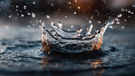 Captivating close-up of a water splash, showcasing droplets of water dancing in the air. The image features a soft focus background, creating a tranquil atmosphere.の素材