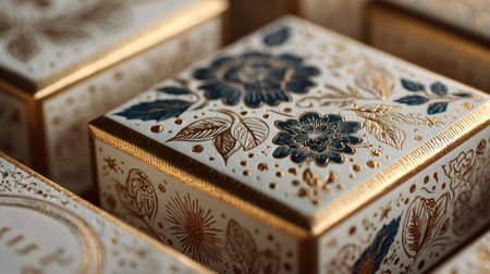 Explore a collection of ornate decorative boxes featuring exquisite floral patterns and shimmering gold accents, perfect for luxury gifts and stylish decor.の素材