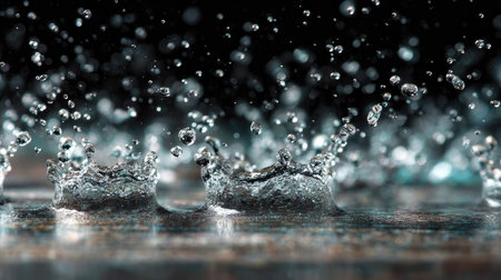 This stunning close-up image captures the beauty of water droplets splashing on a surface, creating intricate patterns and ripples amid a dark background.の素材
