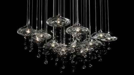 A stunning contemporary chandelier featuring exquisite crystal droplets, illuminating a dark background, perfect for adding elegance and style to any interior space.の素材