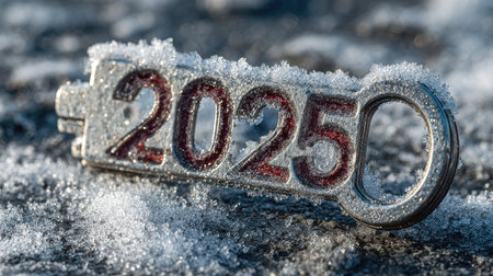 A close-up image of a metallic key featuring the year 2025, partially covered in frost and snow, highlighting the beauty of winter and seasonal change.の素材