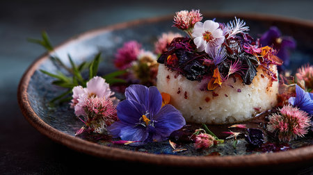 A stunning gourmet dish featuring a delicate base adorned with vibrant edible flowers and fresh herbs, perfect for culinary artistry and visual appeal.の素材