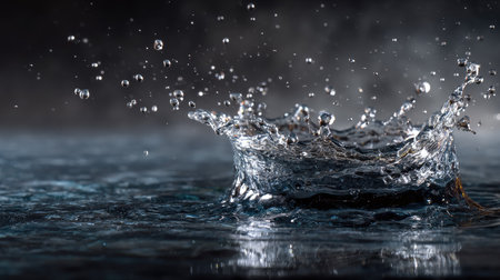 This high-definition image captures the mesmerizing moment of water droplets creating a splash on a dark background, showcasing the dynamic nature of liquid movement and beauty.の素材