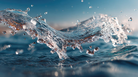 A stunning close-up of a water splash, capturing the dynamic movement and shimmering droplets. This image evokes feelings of tranquility, beauty, and connection to nature, perfect for projects focused on nature, water, and refreshment.の素材