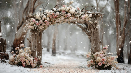 A stunning wedding arch adorned with exquisite floral arrangements in shades of pink and white, set against a tranquil snowy landscape, perfect for romantic ceremonies.の素材