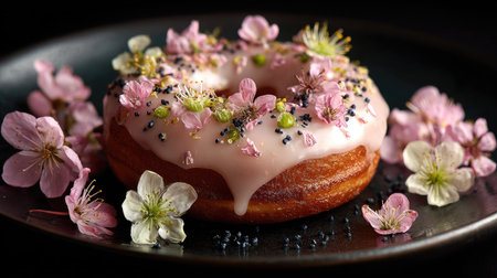 A beautifully crafted donut featuring a pink frosting glaze, garnished with delicate edible flowers and colorful sprinkles, perfect for food styling.の素材