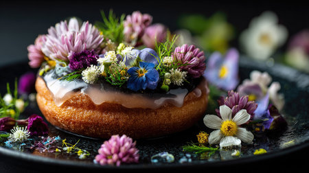 A visually stunning donut adorned with an array of fresh edible flowers and icing, set against a moody black background for a captivating dessert display.の素材