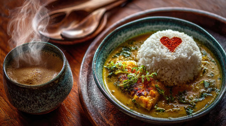 A warm, inviting bowl of curry with rice shaped like a heart, accompanied by a steaming cup of drink, captures the essence of comfort and love for food.の素材