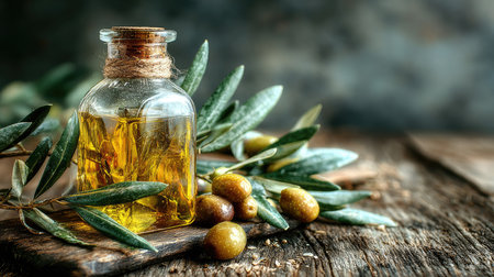 A captivating glass bottle filled with golden olive oil is artistically displayed with fresh olives and green leaves, evoking a rustic kitchen atmosphere.の素材