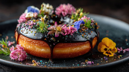 This exquisite chocolate glazed donut is adorned with an array of vibrant edible flowers and colorful sprinkles, creating a stunning visual treat perfect for any dessert lover.の素材