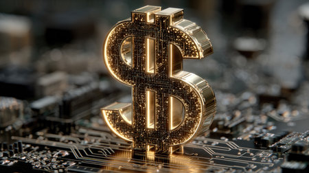 A striking gold dollar sign stands prominently on a circuit board background, symbolizing the intersection of finance and technology in the digital age.の素材