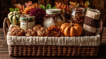 This charming autumn gift basket features candles, cookies, and decorative pumpkins nestled among seasonal flowers, creating a warm, inviting atmosphere.の素材