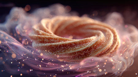 A beautifully crafted doughnut showcases its swirling shape and sparkling sugar on a dreamy, soft focus background, evoking indulgence and creativity.の素材
