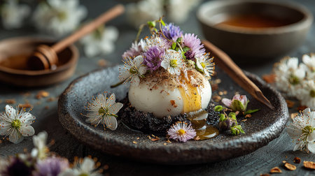 This image presents an exquisite gourmet egg dish artfully arranged with vibrant edible flowers on a rustic plate, embodying culinary creativity and elegance.の素材