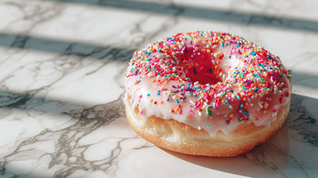 A delightful pink donut topped with colorful sprinkles rests on a marble surface, captured in soft morning light, perfect for desserts and treats.の素材