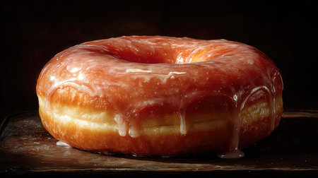 A close-up view of a delicious glazed donut displaying transparent icing dripping down its sides, set against a dark background, evoking indulgence.の素材