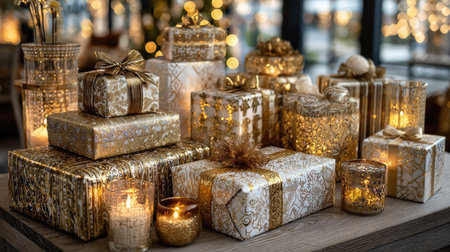 A stunning display of elegantly wrapped gifts in gold and white, surrounded by glowing candles, creates a warm and inviting atmosphere perfect for holiday celebrations.の素材