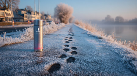 A stunning winter scene featuring a stainless steel bottle resting on a frosty pathway by a tranquil river. Footprints lead through the icy landscape, highlighting the beauty of nature in the cold morning light.の素材