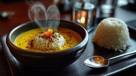 Experience the warmth and comfort of a delicious soup paired with fluffy rice, garnished with colorful spices and herbs, inviting you to enjoy a cozy meal.の素材