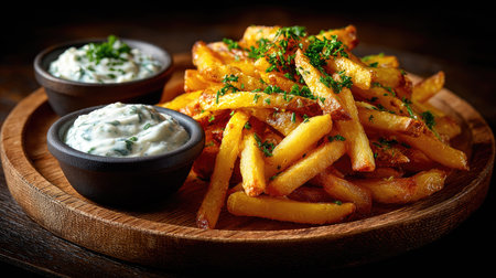 This appetizing image features golden crispy french fries served with two bowls of flavorful herb dipping sauce, perfect for any meal or snack.の素材