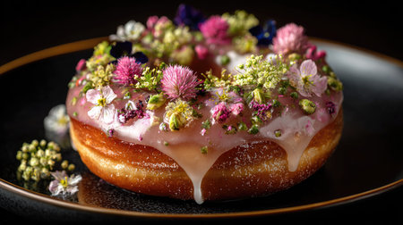 A stunning floral donut featuring vibrant edible flowers and glossy icing, perfect for showcasing gourmet desserts in any culinary setting.の素材