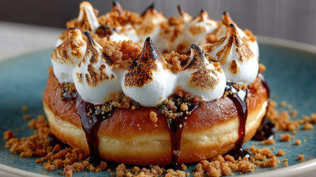 A stunning doughnut showcases a dreamy layer of toasted meringue, crumbles, and rich chocolate sauce, beautifully presented on a blue plate for a delightful treat.の素材