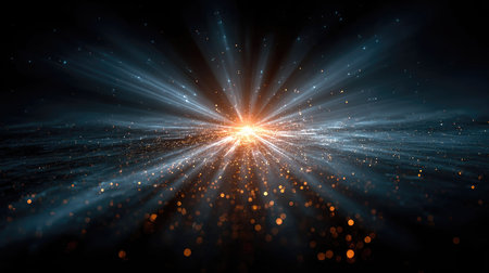 This stunning abstract image features a radiant burst of light surrounded by glowing sparks and shimmering particles. The dark background enhances the luminous effect, creating a captivating visual experience. Perfect for illustrating themes of energy, creativity, and wonder.の素材