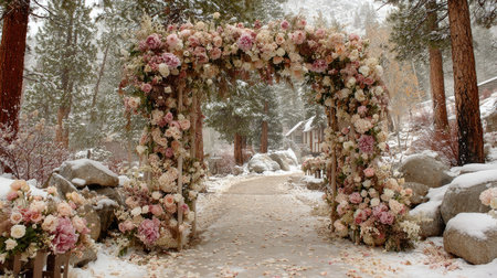 This captivating floral archway, adorned with delicate blooms, stands in a serene snowy landscape, creating a breathtaking backdrop for a winter wedding ceremony.の素材