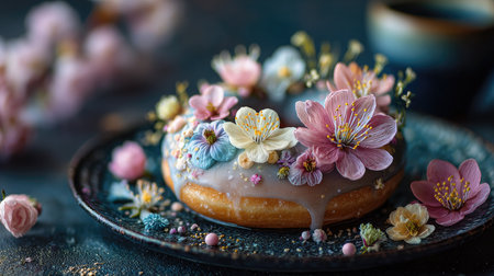 A stunning gourmet donut adorned with an array of colorful edible flowers, presenting a delightful visual treat perfect for celebrations and special occasions.の素材