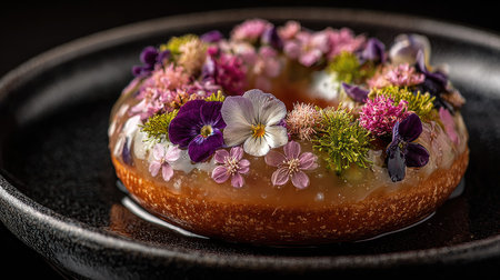 A visually stunning gourmet dessert featuring a donut adorned with an array of vibrant edible flowers, capturing nature's beauty and culinary art.の素材