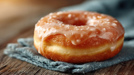 A freshly glazed donut sits temptingly on a rustic wooden table, complemented by a soft blue cloth. The warm light enhances the donut's inviting appearance, making it an ideal treat for any time of day.の素材
