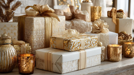 A collection of beautifully wrapped gift boxes in gold and white, perfect for holiday celebrations. The cozy arrangement creates a festive atmosphere.の素材