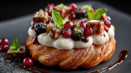 A beautifully crafted pastry adorned with rich cream, pomegranate seeds, and fresh mint leaves, set against a dark background, ideal for food enthusiasts.の素材