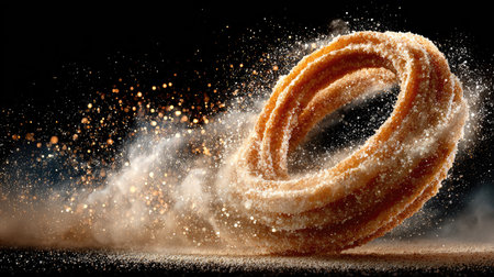 An appetizing cinnamon sugar churro showcased mid-motion, surrounded by a cloud of sugary dust, highlighting its golden crispiness and irresistible charm.の素材