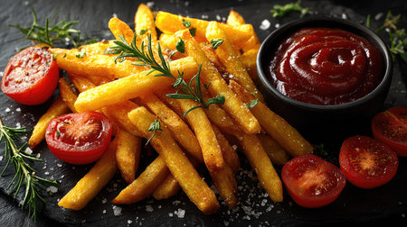 A mouthwatering arrangement of crispy golden French fries accompanied by fresh cherry tomatoes and a bowl of rich ketchup, ideal for casual dining.の素材