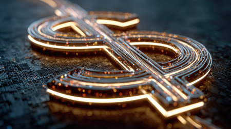 A detailed 3D rendering of an illuminated dollar sign against a dark digital background, representing financial success and modern economy themes.の素材