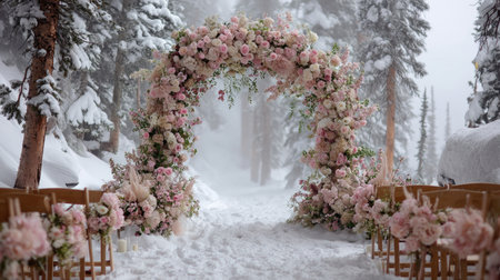 A breathtaking floral archway bursting with pink flowers creates a stunning centerpiece for a romantic winter wedding, surrounded by tranquil snow-covered trees.の素材